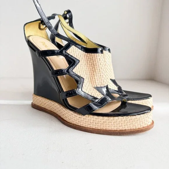 Pollini Raffia Patent Leather Navy Blue Wedge Summer Heels 40 - Picture 2 of 8